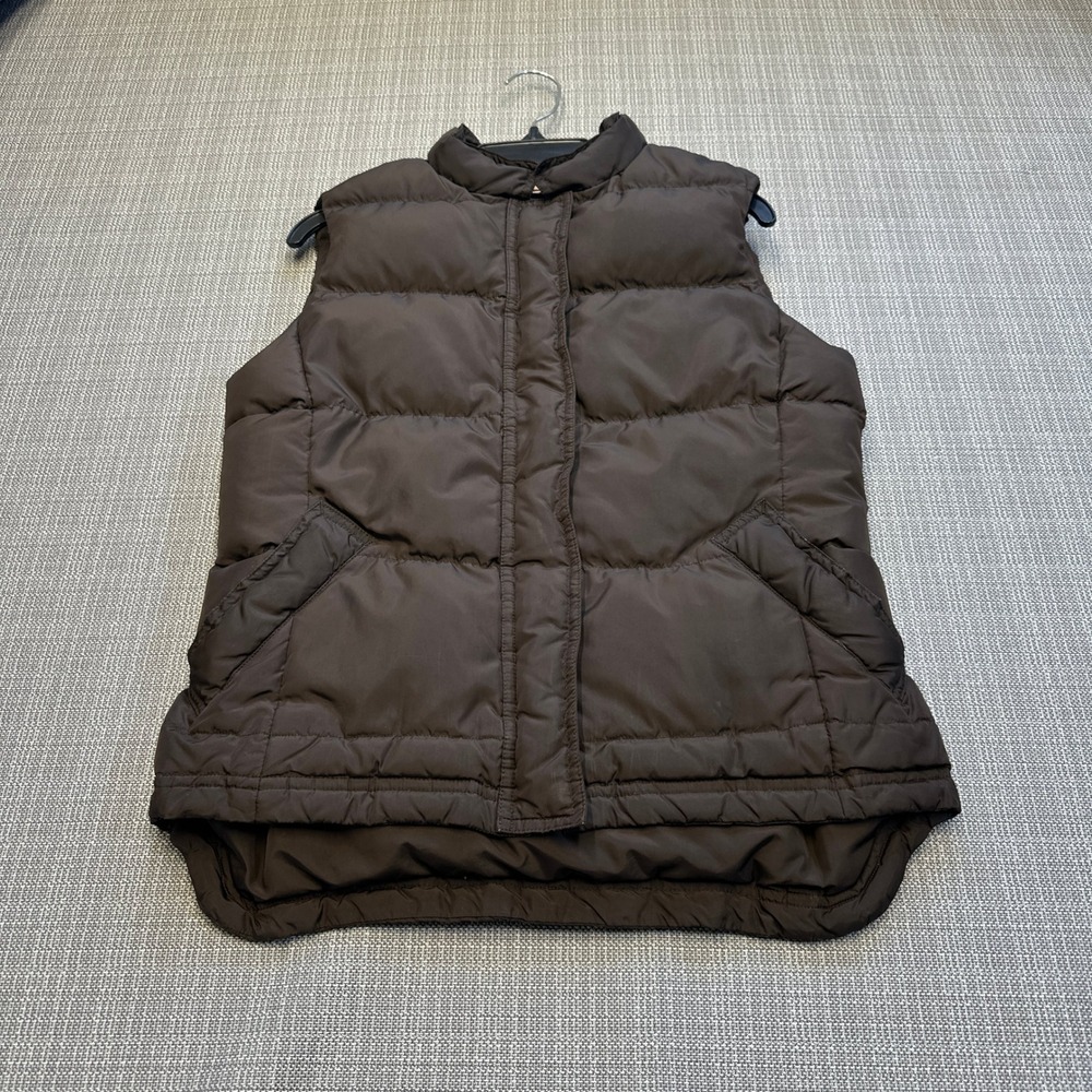 J.Crew Brown Puffer Vest Down Fill Womens XS Quilted Full Zip Snap Preppy